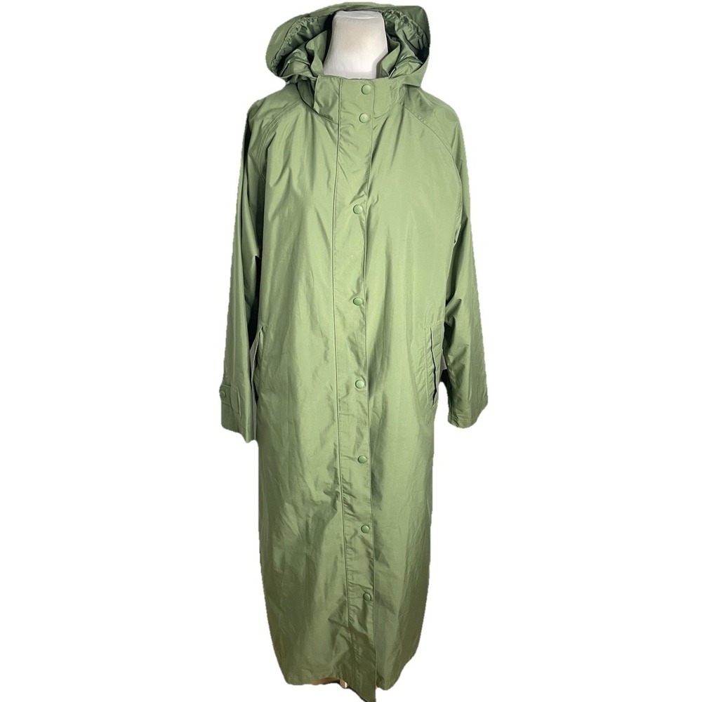 L.L. Bean  Olive Green Hooded Zip Front Rain Jacket Trench Coat  Wool Lined XL P